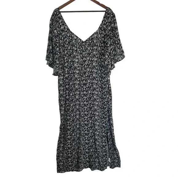 A New Day Black Floral Print Flutter‎ Sleeve V Neck Midi Dress Plus Size 3X - Picture 2 of 13